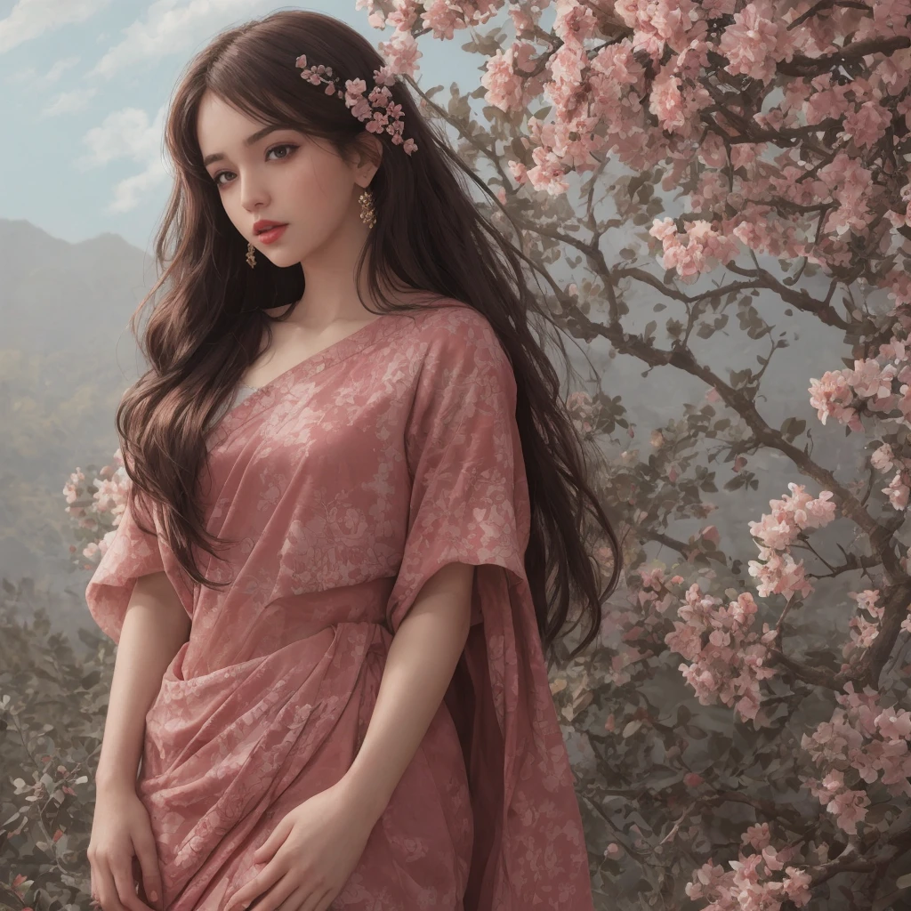 (masterpiece),(best quality:1.0), (ultra highres:1.0), detailed illustration, 8k, anime, 1girl, beautiful anime girl, in a sari, wearing a pink sari, pretty pose, pretty face, detailed face, beautiful eyes, dark red eyes, detailed eyes, red lips, red lipstick, slightly brown hair, pink flower on ear, highlights in hair, standing, red flowers on a tree in the back, open sky with clouds, detailed, intricate, anime style, highly detailed