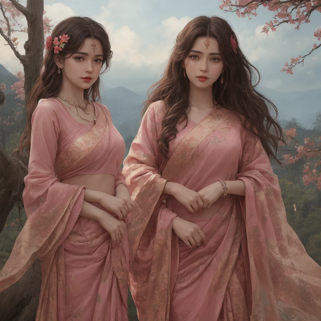 (masterpiece),(best quality:1.0), (ultra highres:1.0), detailed illustration, 8k, anime, 1girl, beautiful anime girl, in a sari, wearing a pink sari, pretty pose, pretty face, detailed face, beautiful eyes, dark red eyes, detailed eyes, red lips, red lipstick, slightly brown hair, pink flower on ear, highlights in hair, standing, red flowers on a tree in the back, open sky with clouds, detailed, intricate, anime style, highly detailed