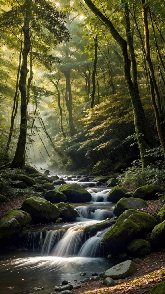 Imagine a tranquil forest clearing at dawn. The early morning light filters through the dense canopy of ancient trees, casting a soft, golden glow on the forest floor. A gentle mist lingers above a crystal-clear stream that winds its way through the lush greenery. Wildflowers in shades of violet, blue, and yellow dot the landscape, while the distant sound of birdsong and the occasional rustle of leaves create a serene, peaceful atmosphere. The air is fresh and cool, filled with the earthy scent of pine and damp soil.