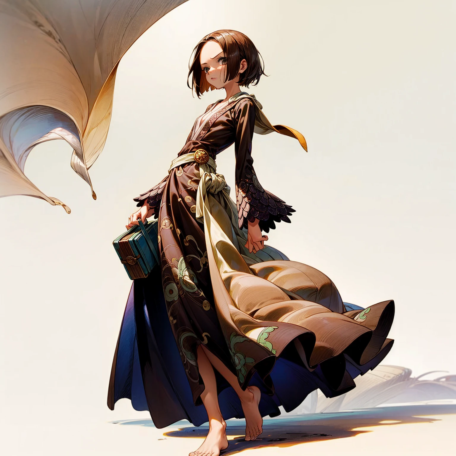 Solo character, full body version, kid girl, short hairstyle, brown color hair, hazel eyes, one eye covered by hair, long dress medieval outfit, no shoes, no shock, no sandals, (one piece style art), shadow, standing gesture, apple bag in hand, white simple background,
