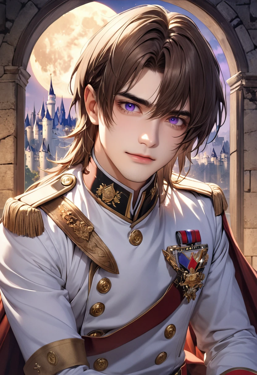 1 male Brown hair and eyebrows Long Bangs Purple Eyes White military uniform full moon Inside the castle