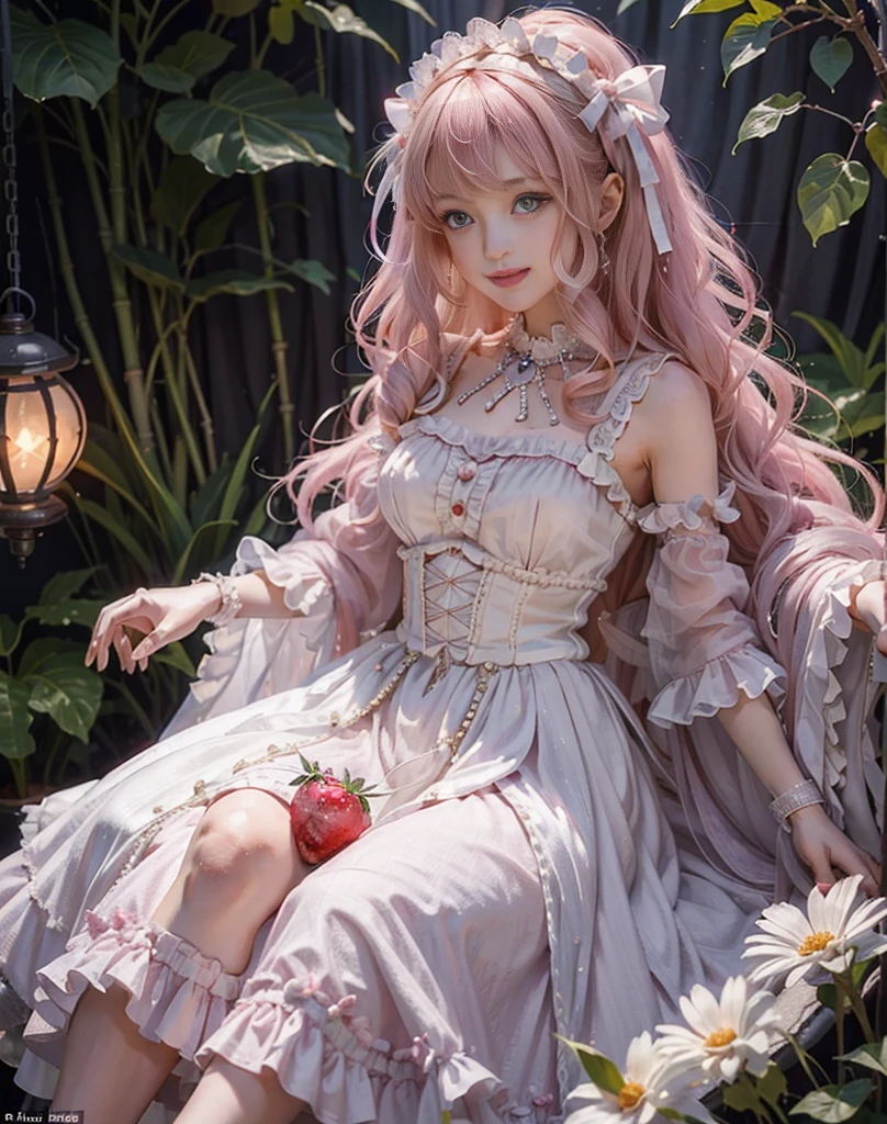 cute 、(Extremely delicate and beautiful:1.5),1girll, Sit in the strawberry dessert sundae，full bodyesbian，Sweet face，Light smile，By bangs, Gemstone eyes, Contre-Jour，Long curly hair, lolita dress, A pink-haired, seen from the side, Lanterns, light particules, longer sleeves, looking at viewert，pink bows，Solo: A gentle smile