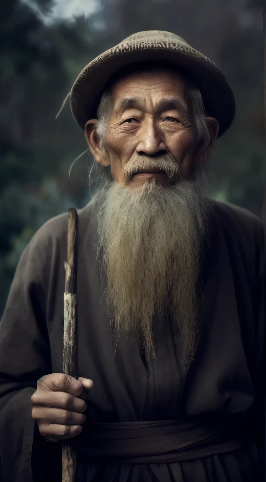 chinese,with a long beard,An Arafeld man wearing a hat with a stick, An old man, old man portrait, sharp looking portrait, peaceful expression, Wise old man, stunning portrait, Beautiful portrait, portrait photo of an old man, Old man, a old man, Serene expression, portrait of monk, of an old man, Portrait of an old man, Perfectly centered portrait,high definition