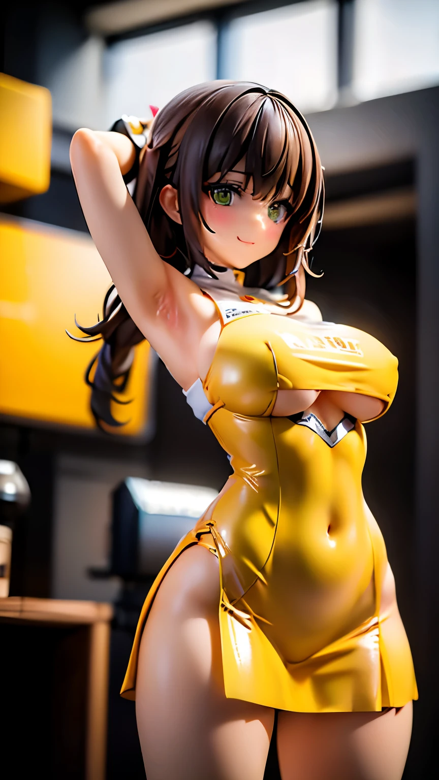 One woman standing solo, /(Grid Girls/) /(Yellow costume with logo/) mini skirt, Mature Woman, /(Brown Hair/) bangs, A gentle blushing smile, (Masterpiece Top quality:1.2) Delicate illustrations, super detailed, Large Breasts, Thigh High Boots Break /(Indoor Motor Show/), audience, Detailed Background