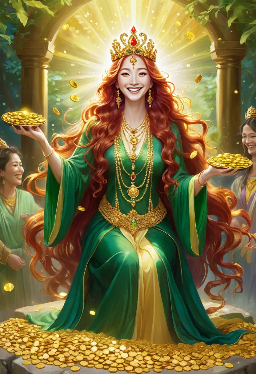 A goddess with long red wavy hair hands out gold coins to people and the people are happy. She smiles with wisdom and compassion in her eyes. She smiles sweetly, wears a jeweled crown, and wears deep green robes. Her aura shines golden and has an overwhelming presence. A symbol of beauty. Abundance surrounded by gold coins. The background is white and gold with soft and gentle light. rainbow light