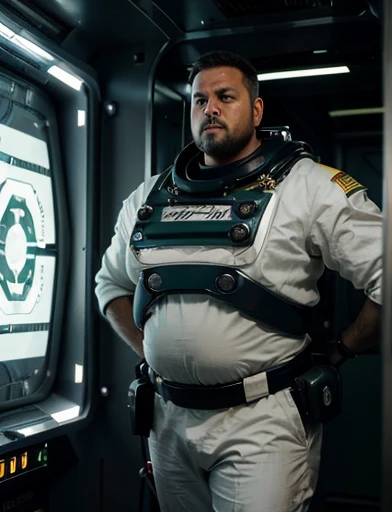 (((Ele tem o braço direito de robô, Ele está sentando na cadeira pilotando a espaçonave))), 4K, masterpiece, detailded.💚((tmasterpiece)),(((best qualtiy))),(CharacterDesignSheet,Same role,frontage,Lateral face,on back),concept-art,concept art of character,Character sketches,reference sheet,Role table,💚,The captain of the astronauts is a plump, chubby man, extremely thick thighs, a large belly, fat. Passing inside the spaceship laboratory , he checks an analysis under the microscope. His arms are holding digital analysis devices. He wears a spacesuit