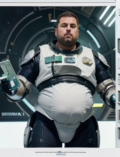 (((Ele tem o braço direito de robô, Ele está sentando na cadeira pilotando a espaçonave))), 4K, masterpiece, detailded.💚((tmasterpiece)),(((best qualtiy))),(CharacterDesignSheet,Same role,frontage,Lateral face,on back),concept-art,concept art of character,Character sketches,reference sheet,Role table,💚,The captain of the astronauts is a plump, chubby man, extremely thick thighs, a large belly, fat. Passing inside the spaceship laboratory , he checks an analysis under the microscope. His arms are holding digital analysis devices. He wears a spacesuit