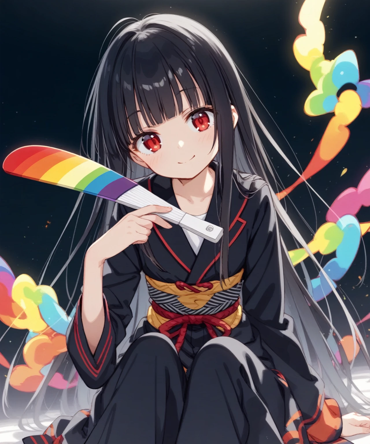 score_9, source_anime, anime_coloring, anime_screencap, 1girl, solo, black kimono \(glowing colorful rainbow zen tangle patterned\), black longhair, hime cut, long hair, sitting, wariza, leaning forward, holding gorgeous Japanese folding fan, sensu, slant red eyes, tsurime, soft smile, sword dance, head tilt, upper body, dark black background, simple background
