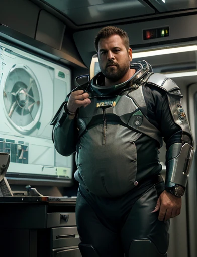 The captain of the astronauts is a plump, chubby man, extremely thick thighs, a large belly, fat. Passing inside the spaceship laboratory , he checks an analysis under the microscope. His arms are holding digital analysis devices. He wears a spacesuit.