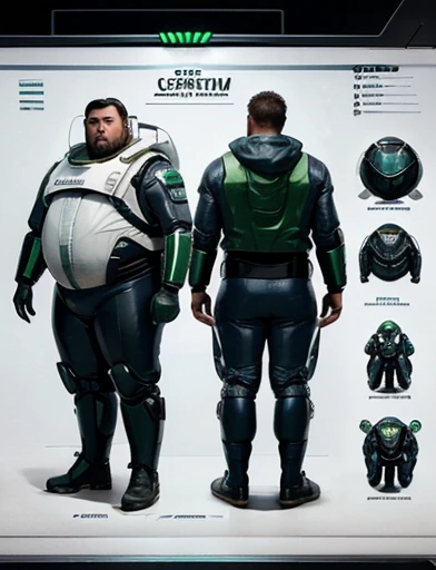 (((Ele tem o braço direito de robô, Ele está sentando na cadeira pilotando a espaçonave))), 4K, masterpiece, detailded.💚（（tmasterpiece）），（（（best qualtiy））），（CharacterDesignSheet，Same role，frontage，Lateral face，on  back），concept-art，concept art of character，Character sketches，reference sheet，Role table,💚,The captain of the astronauts is a plump, chubby man, extremely thick thighs, a large belly, fat. Passing inside the spaceship laboratory , he checks an analysis under the microscope. His arms are holding digital analysis devices. He wears a spacesuit