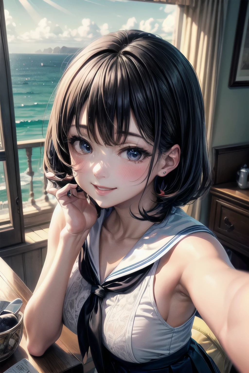 very cute and beautiful girl,(highly detailed beautiful face),serafuku,navy blue pleated kirt lift,white panties),(smile),blush,looking at viewer,black hair, antique hotel bedroom,gorgeous furnitures,balcony,ocean view,detailed landscape, (best quality,masterpiece:1.2),absurdres,highres,ultra-detailed,extremely detailed,32k,8k resolution, intricate details,cinematic scene,detailed background,solo,dynamic angle,perfect hands,