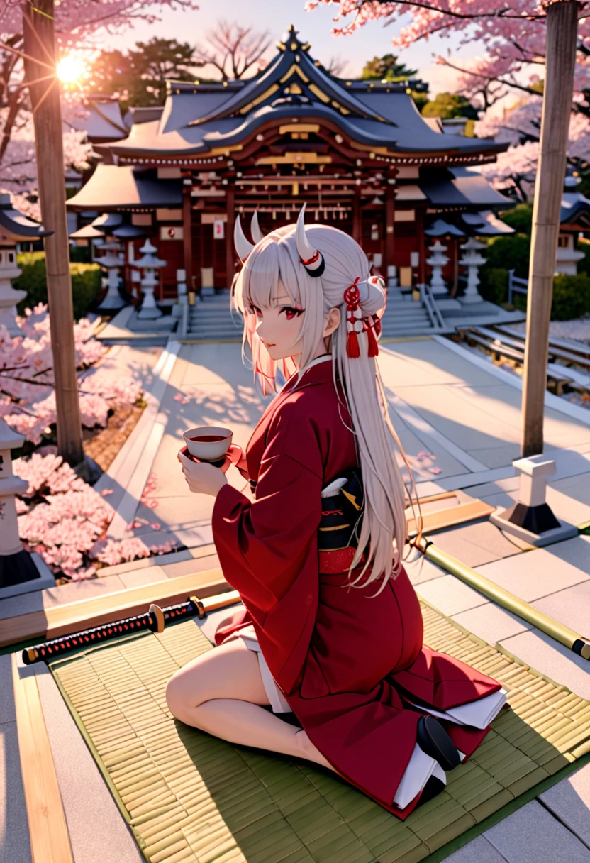 8K Ultra High-Quality, ultra-detailed, High quality, Nakiri Ayame, white horns, holding a cup, japanese tea, katana on the floor, kneeling on bamboo mat, sakura trees, shrine background, close up, sun setting, windy