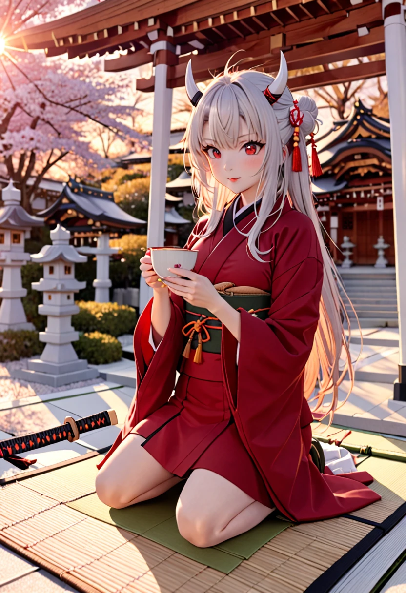 8K Ultra High-Quality, ultra-detailed, High quality, Nakiri Ayame, white horns, holding a cup, japanese tea, katana on the floor, kneeling on bamboo mat, sakura trees, shrine background, close up, sun setting, windy