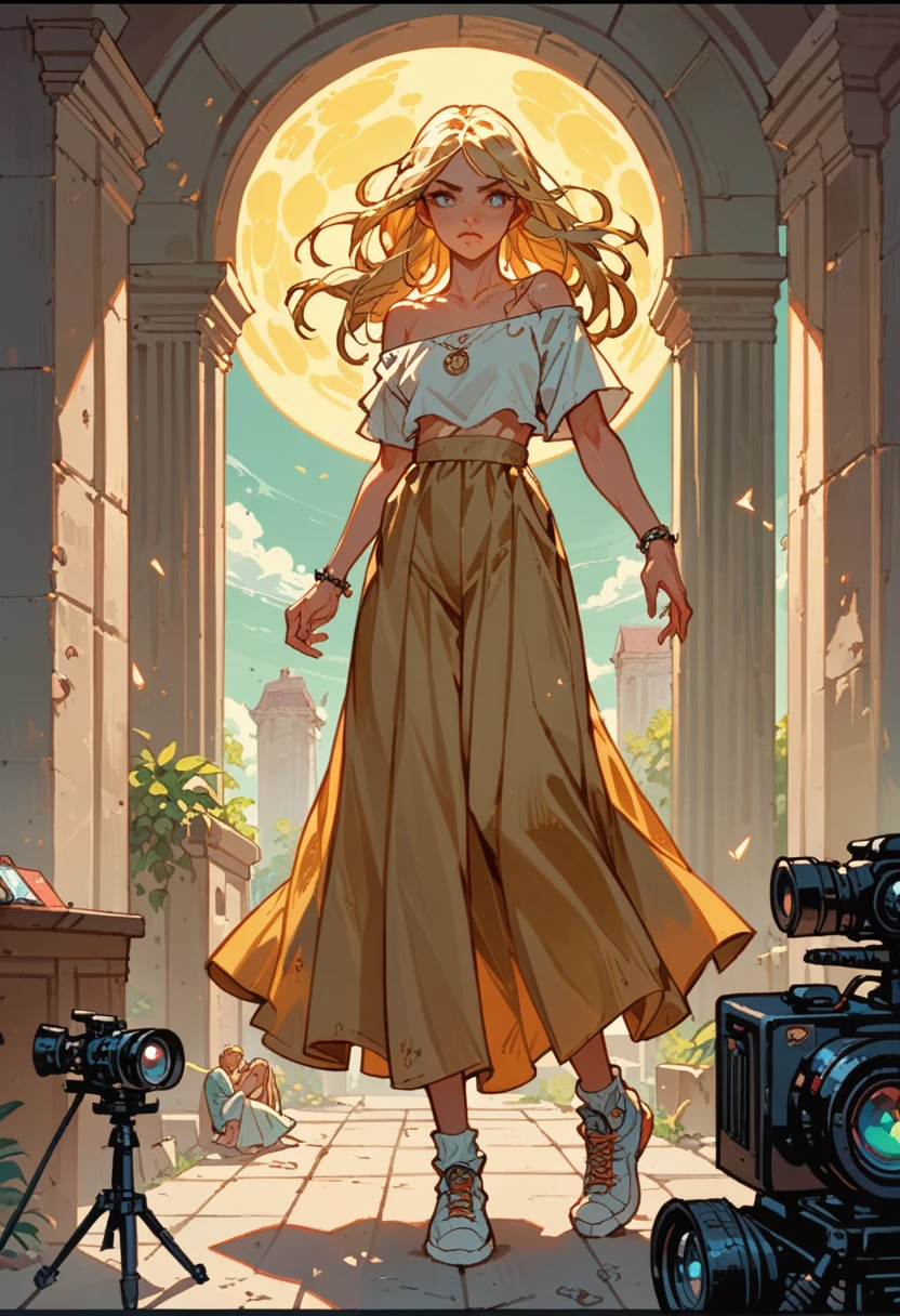blonde girl , normal clothes , demigod , daughter of the sun , powerful , whole body , big tits , casting a spell