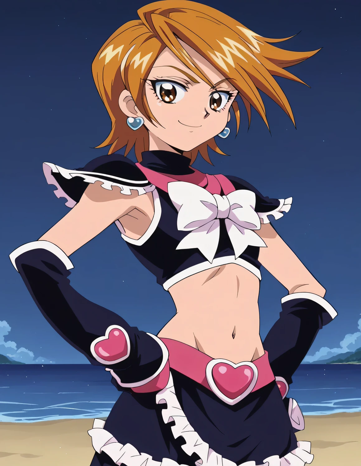nagisa misumi, short hair, brown hair, brown eyes, 1girl, skirt, gloves, navel, jewelry, heart, earrings, detached sleeves, midriff, eyelashes, magical girl, cure black, shiny skin, solo, looking at viewer, smile, solo, contrapposto, spread armpit, arm behind head, hand on hip, smile, looking at viewer, (cowboy shot:1.5), closed mouth, night sky, beach, high quality, looking at viewer, suggestive smile, best quality,