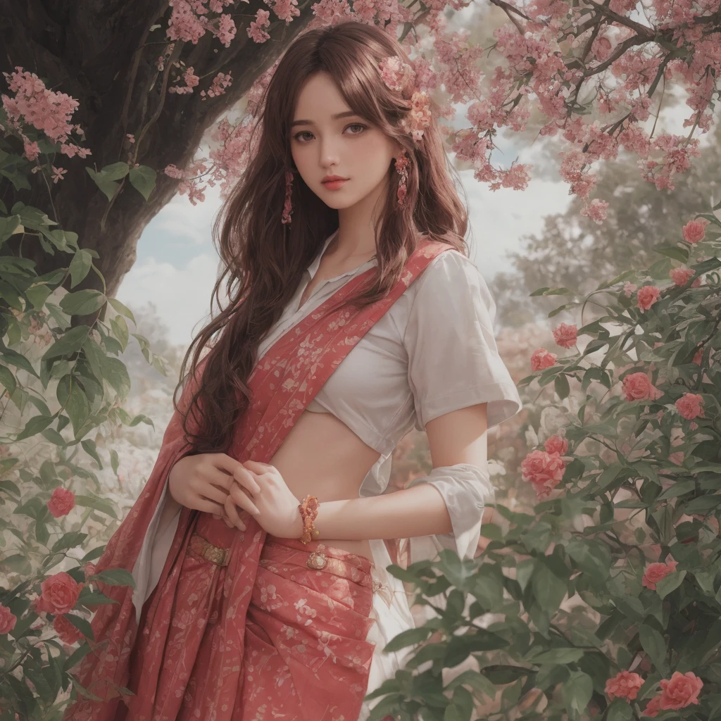 (masterpiece),(best quality:1.0),(ultra highres:1.0),detailed illustration,8k,anime,1girl,beautiful anime girl,in a sari,wearing a pink sari,pretty pose,pretty face,detailed face,beautiful eyes,dark red eyes,detailed eyes,red lips,red lipstick,slightly brown hair,pink flower on ear,highlights in hair,standing,red flowers on a tree in the back,open sky with clouds,detailed,intricate,anime style,highly detailed