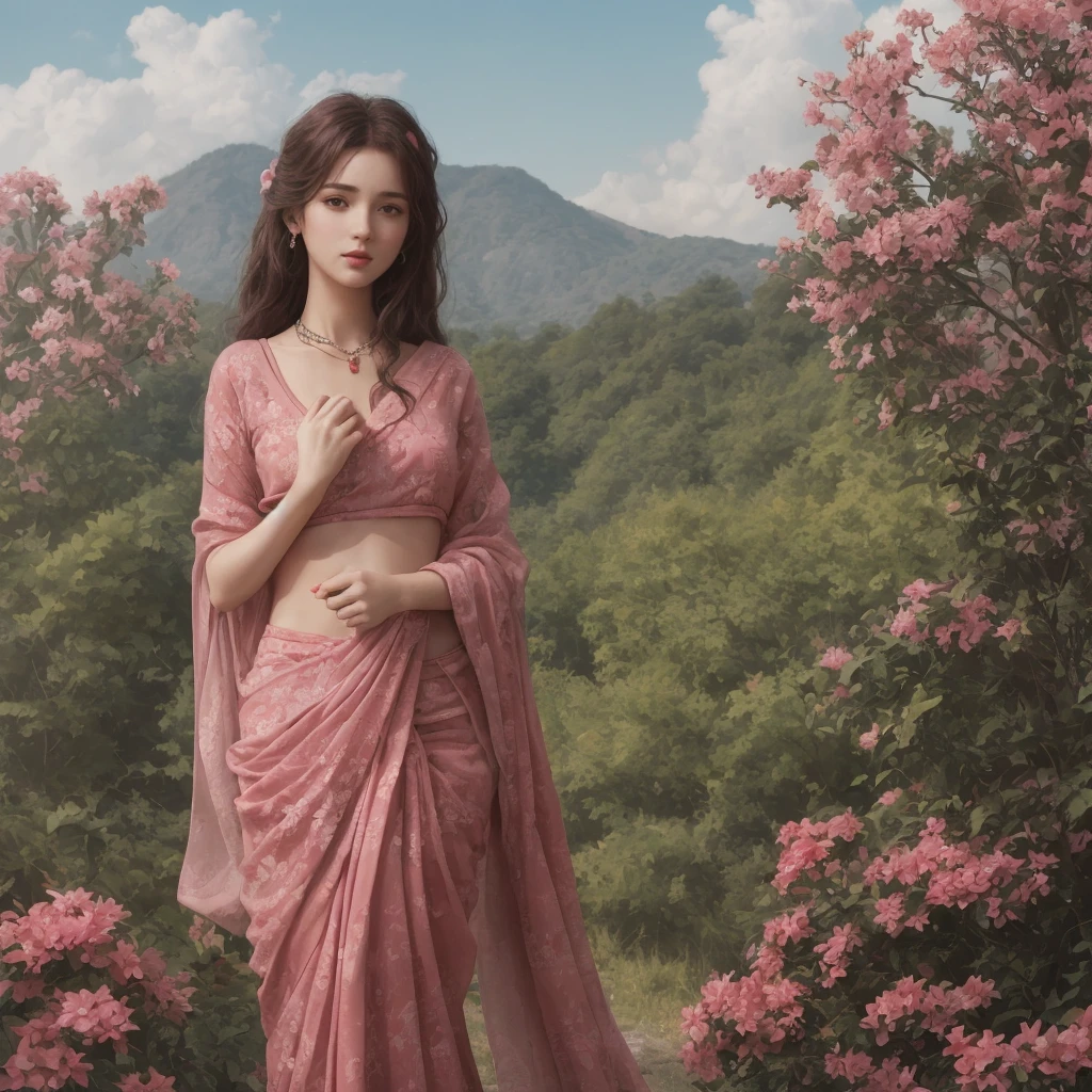 (masterpiece),(best quality:1.0),(ultra highres:1.0),detailed illustration,8k,anime,1girl,beautiful anime girl,in a sari,wearing a pink sari,pretty pose,pretty face,detailed face,beautiful eyes,dark red eyes,detailed eyes,red lips,red lipstick,slightly brown hair,pink flower on ear,highlights in hair,standing,red flowers on a tree in the back,open sky with clouds,detailed,intricate,anime style,highly detailed