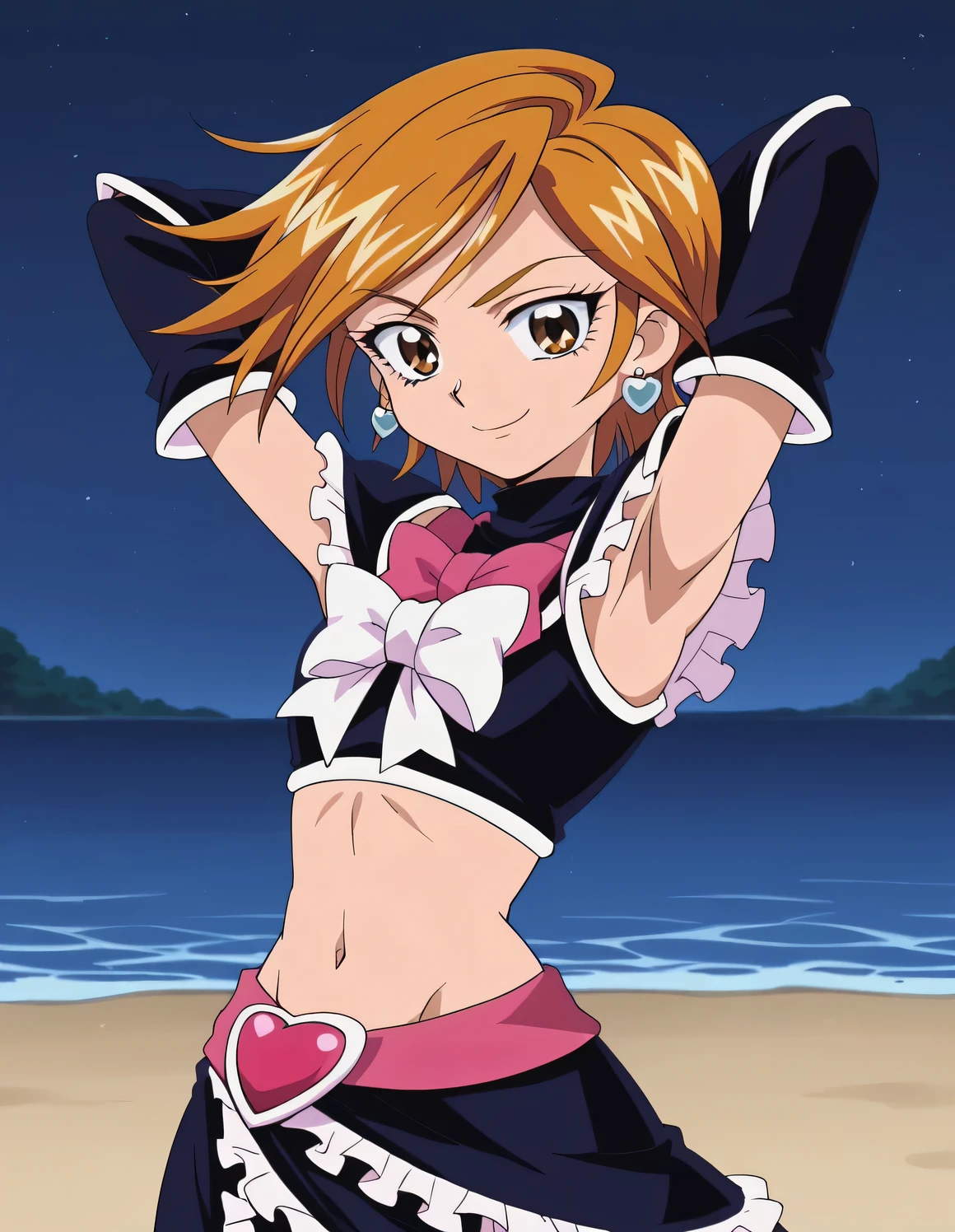 nagisa misumi, short hair, brown hair, brown eyes, 1girl, skirt, gloves, navel, jewelry, heart, earrings, detached sleeves, midriff, eyelashes, magical girl, cure black, shiny skin, solo, looking at viewer, smile, solo, contrapposto, spread armpit, arms behind head, smile, looking at viewer, (cowboy shot:1.5), closed mouth, night sky, beach, high quality, looking at viewer, suggestive smile, best quality,
