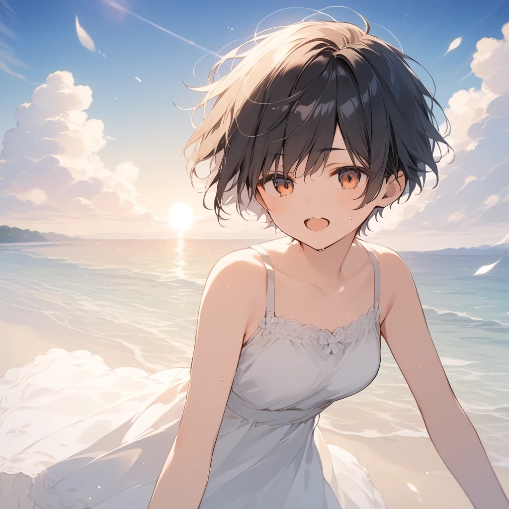 score_9, score_8_up, score_7_up, source_anime, best quality, masterpiece, official art, absurdres, highres, ultra-detailed,waifu2x,Collection: Slice of Life,break,1girl, tomboy, very short hair, pixie cut, breasts, beautiful detailed eyes, sun dress, beautiful detailed eyes, sweat, open mouth, (yawn:0.3), sleepily, outdoors, wind, beach,break,(clear line illustration:1.2), super detailed skin,very high resolution, very aesthetic, Best sexual lighting powered by famous artist, 8k,cute picture,beauty illustration,photoshop_(medium),,(Detailed Lighting),best anime 8k konachan wallpaper, pixiv contest winner,