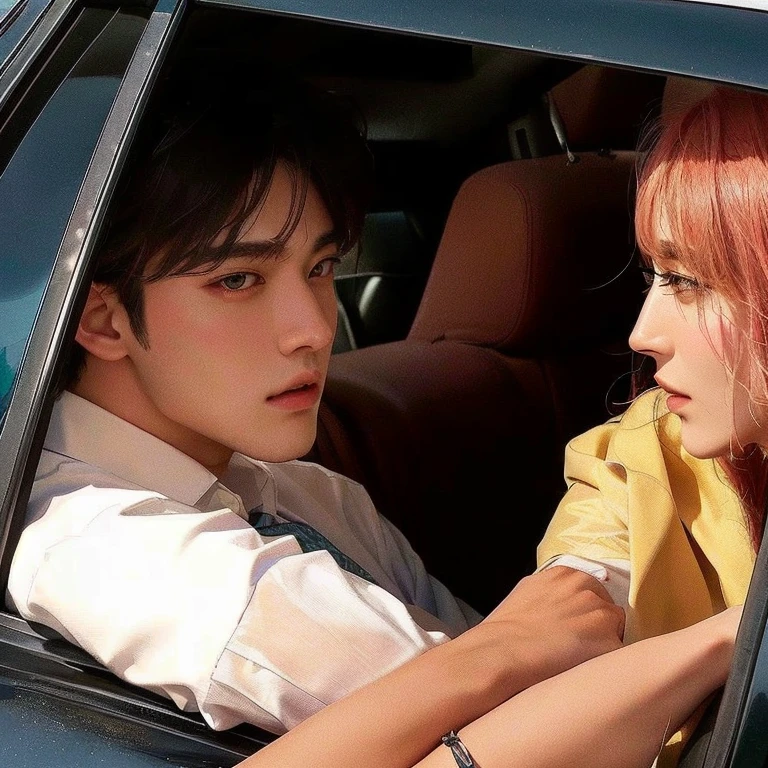 There is a man and a woman sitting in a car looking at each other, jia, kim taehyung, featured movie scene, scene from a live action movie, 😭🤮 💔, 😭 🤮 💕 🎀, still from a live action movie, 😭 🤧 💔, choi, lv, romantic protagonist, looking at each other without thinking, Photoshoot, kim taehyung BTS alta calidad