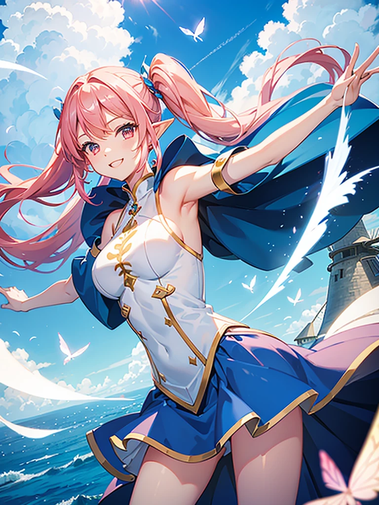 blue sky,((giant windmill)),a girl,Elf,Pink hair,long twintails,Red eyes,Sweet smile,white fashion clothing,Bare shoulders,((Wind flow)),((elegant clothes)),((transparent)),Butterfly wings,side,((dynamic poses)),twinkling,Super detailed,Rendering,movie lighting effects,best picture