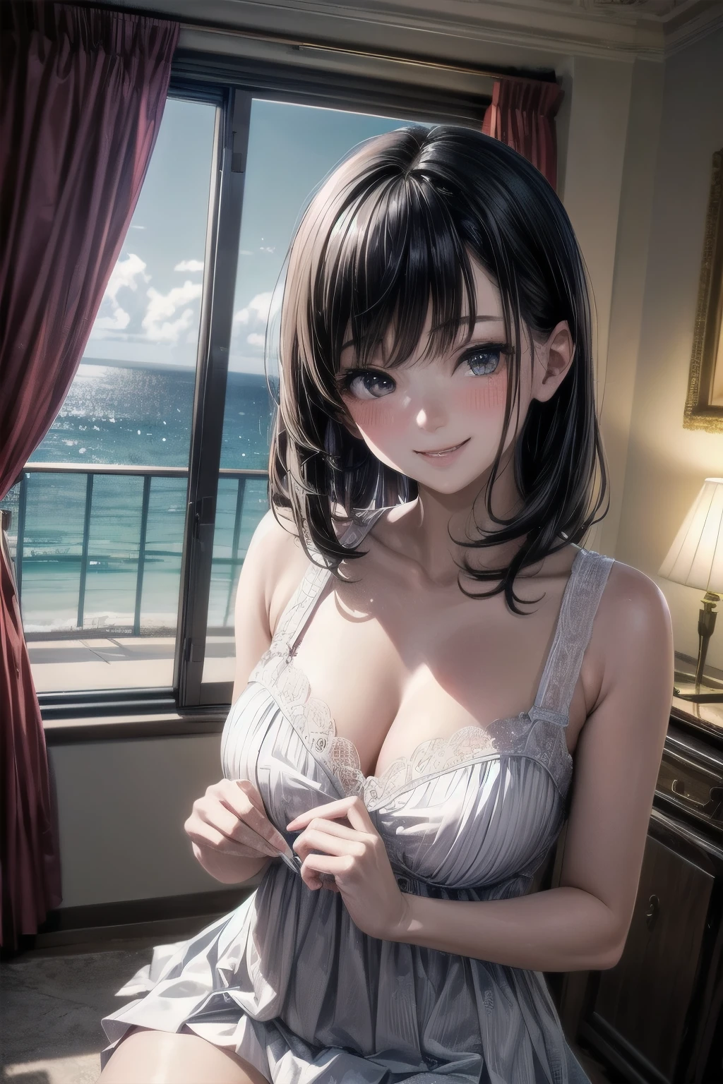 very cute and beautiful girl,(highly detailed beautiful face),serafuku,navy blue pleated kirt lift,white panties),(smile),blush,looking at viewer,black hair, antique hotel bedroom,gorgeous furnitures,balcony,ocean view,detailed landscape, (best quality,masterpiece:1.2),absurdres,highres,ultra-detailed,extremely detailed,32k,8k resolution, intricate details,cinematic scene,detailed background,solo,dynamic angle,perfect hands,