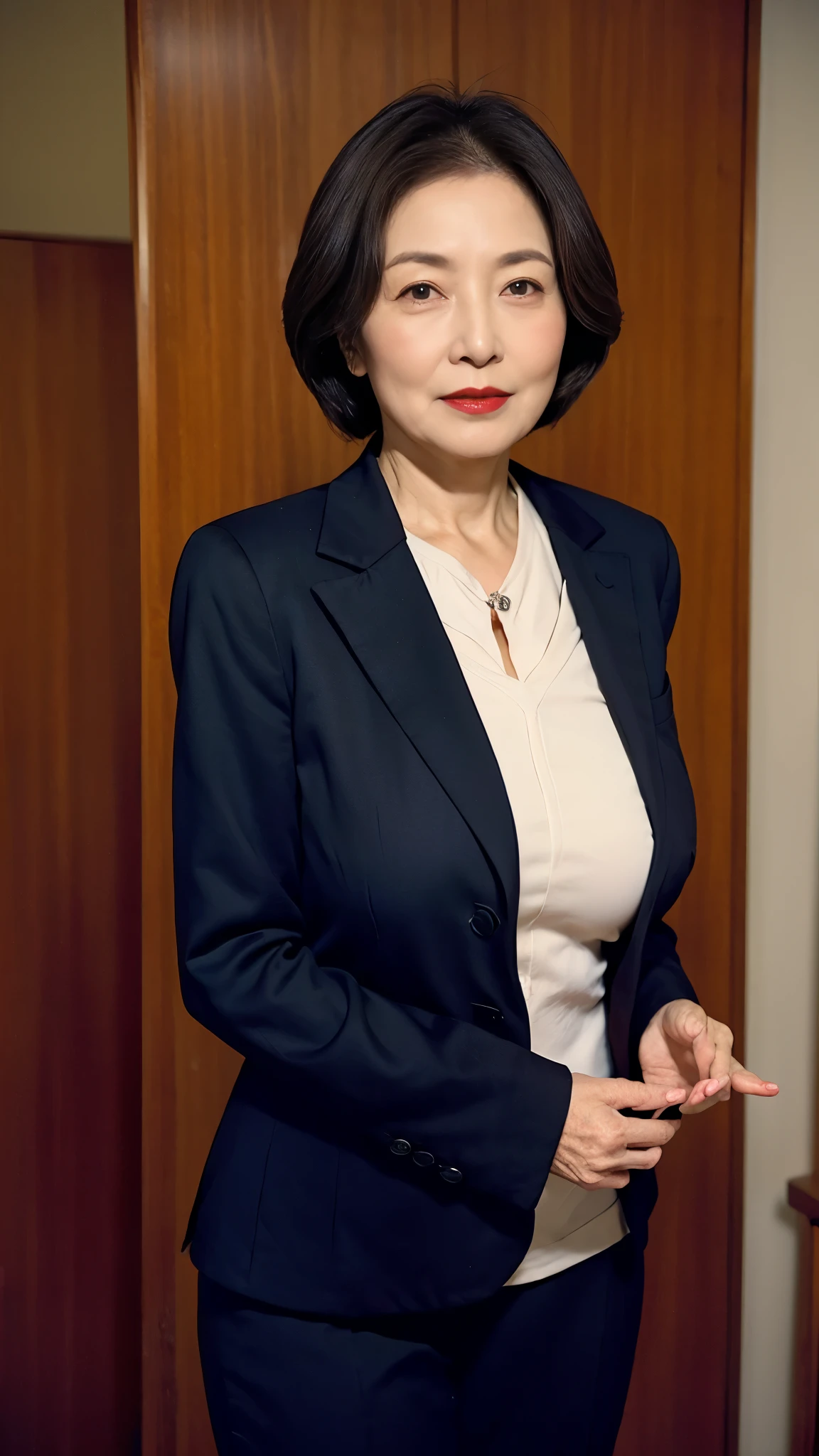 Masterpiece, ((Great focus)), gravure, 32K, Beautiful finish, Japanese, Beautiful mature woman、60-year-old woman、Photo of your ID、Big Breasts, Red lips, Thin lips, business suit、Round 1, Light from the front,