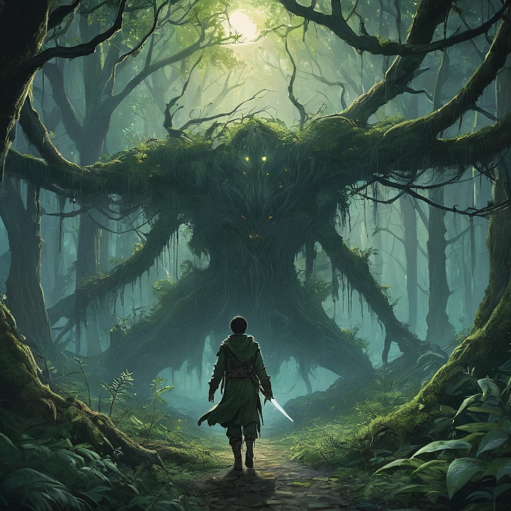 In a dark medieval forest, a young boy named Elias walks cautiously along a narrow, overgrown path, gripping a sword tightly in his small hands. The ancient trees loom overhead, their gnarled branches creating a nearly impenetrable canopy that lets through only the faintest glimmers of moonlight. Shadows shift and stretch across the forest floor, and the air is thick with the musty scent of damp leaves and decay. Every step Elias takes is accompanied by the distant sound of dripping water and the occasional rustle of unseen creatures. His heart races with a mix of fear and determination as he ventures deeper into the darkness, ready to confront whatever secrets or dangers lie hidden within the forest’s ancient depths.