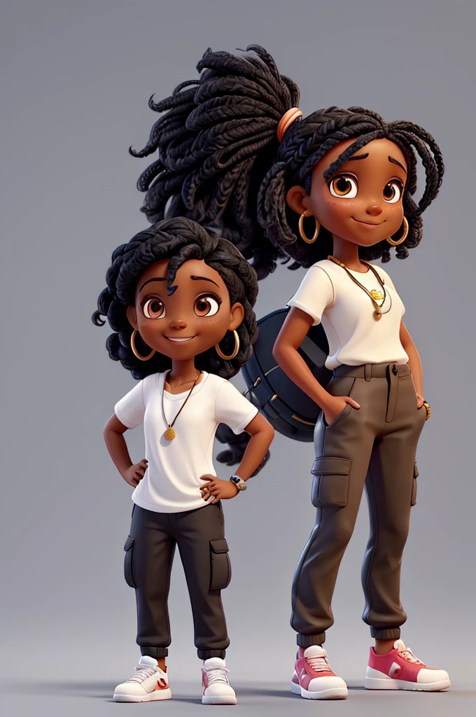 create a lively, vibrant character, black hair, braid, dark skin, brown cargo pants, white Nike sneakers and a black blouse. with hoop earrings, a chain and a beautiful smile! White background
