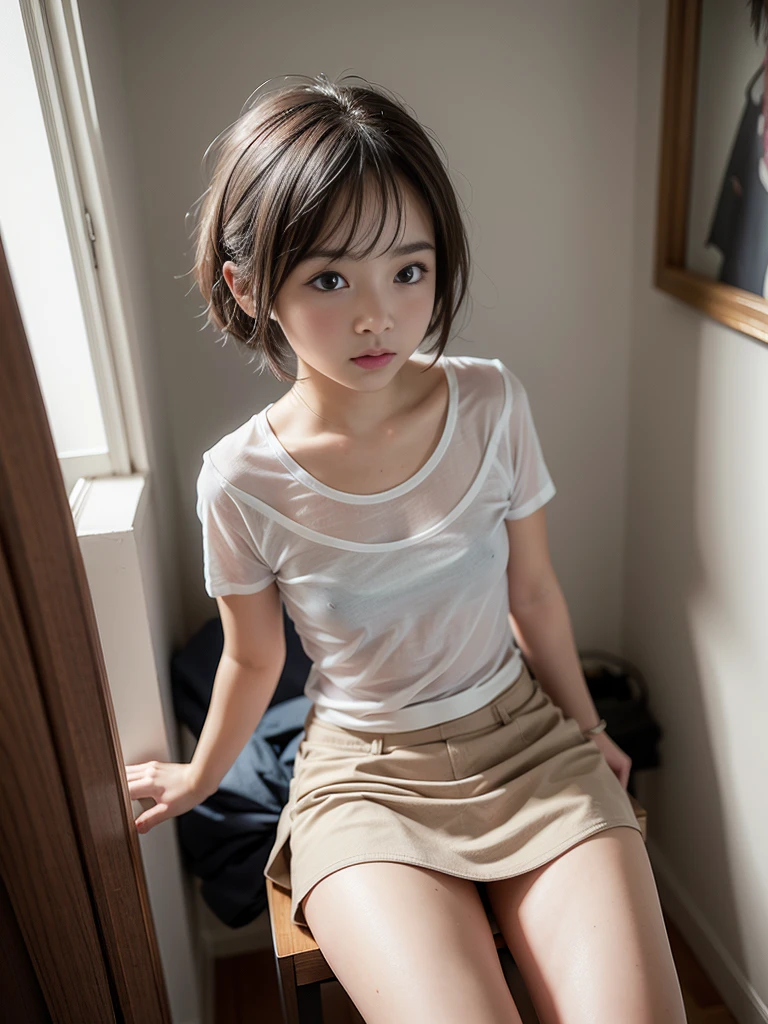 ((masterpiece)),((best quality)),1 girl, blush, nervous,small breast, shy,bsp, sexy mini skirt, white short hair, sit on knees, half nakef