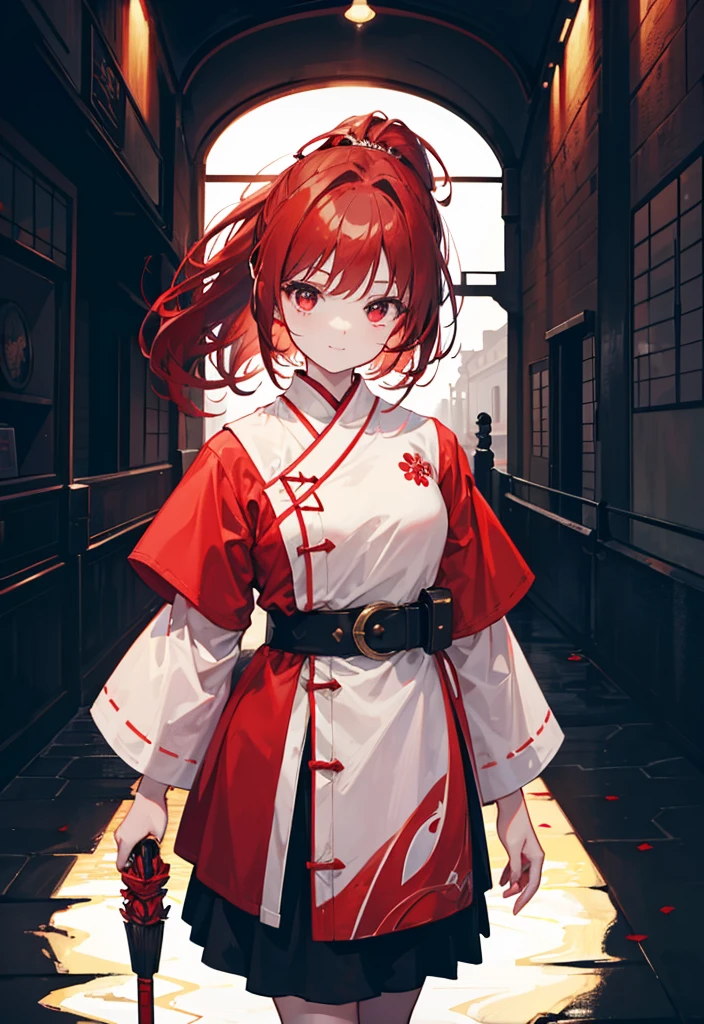 Brunette beauty。High ponytail,red hair clips,short detailed hair,Extremely tall,Wear red and white antique japanese clothes,Valkyrie,Brown belt,Brown boots,Red spear in hand,Standing in the antique courtyard,A bright smile,red pupils,Bare legged,Best quality at best,tmasterpiece,China-style,underground waterway,((dark place)),((dark place)),((dark place)),((dark place)),((Dark underground canals where light does not reach)),((upper body)),