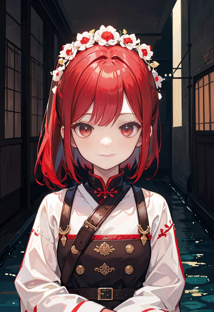 Brunette beauty。High ponytail，red hair clips，short detailed hair，Extremely tall，Wear red and white antique japanese clothes，Valkyrie，Brown belt，Brown boots，Red spear in hand，Standing in the antique courtyard，A bright smile，red pupils，Bare legged，Best quality at best，tmasterpiece，China-style，underground waterway,((dark place)),((dark place)),((dark place)),((dark place)),((Dark underground canals where light does not reach)),((upper body)),