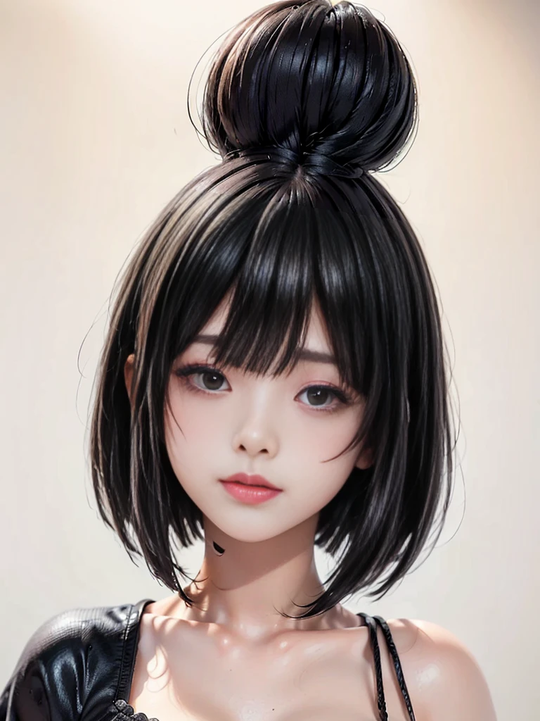 Masterpiece,best quality,solo, one beautiful Japanese girl,13 years old,lonely smile,(black eyes,large eyes, half-open eyes, eyelids half-closed, glazed over, slanting eyes,sleepy eyes:1.6),(black soft hair,bob cut,straight bangs:1.5),(plain background:1.3)