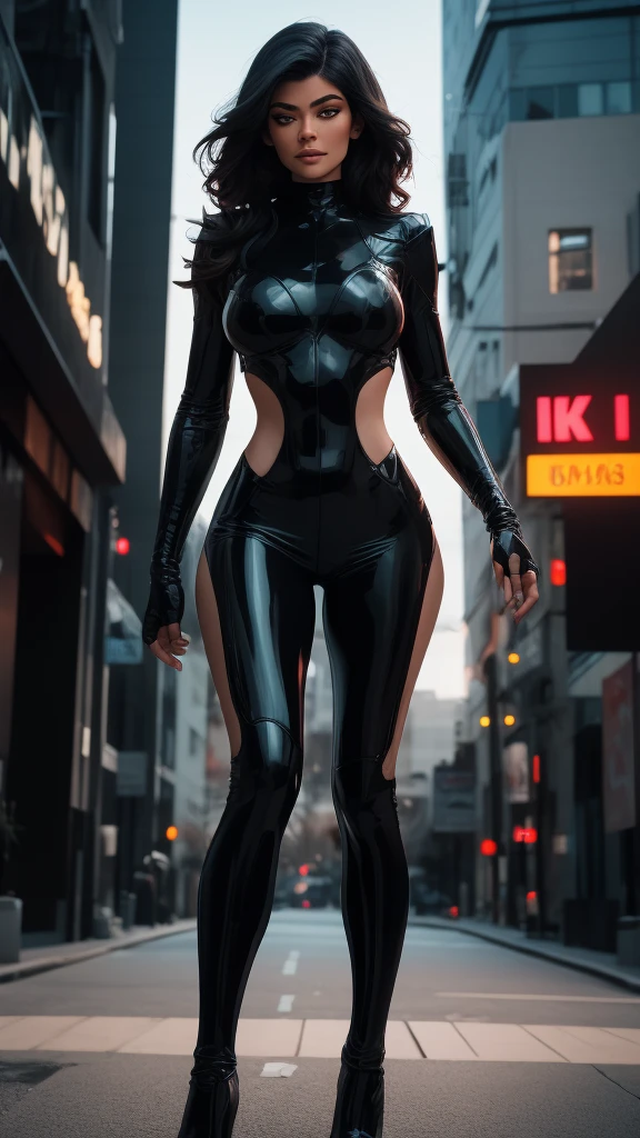 1 girl, standing alone, Photo the Kylie Jenner, age 25, extremely detaild, perfects eyes, detailedeyes, realisticeyes, skin detailed, long hair, beautiful woman, role model, walking pose, futuristic city at night, holographic projections, ultra detali, high quality erotic, armor body covered in (blackw) technological clothing, (highy detailed:1.3), (HDR), (iluminação cinematic), (8k, CRU photo, best qualityer, work of art: 1.3), (8k resolution: 1.2), (details Intricate), ultra-realistic image, perfect symmetry, vibrant and clear, dynamic view, high level of detail and definition, 1200 PPI - Photographic resolution with greater color realism, hyperrealisti, high fidelity,  cinematic, resolução de imagem 8k UHD.