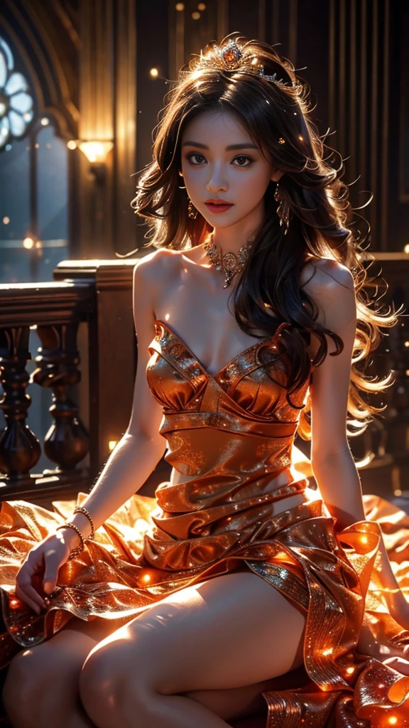 8K, UHD, Masterpiece, extreme quality, 1 girl, good face, detailed eyes, very long hair, detailed lips, small breasts, detailed empress fantasy dress, orange fantasy dress, ((glowing dress:1.4)), lace, (bare waist:1.5), flowing sardine, beautiful fantasy, fantasy empress, beautiful alluring Realistic art, shining skin, in the balcony, Realistic shadow, depth of field, ray tracing, god rays, bloom, bokeh effect, sitting,