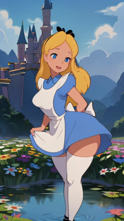 (masterpiece), (Best Quality), (extremely detailed), alicia lidell, Blue dress, White apron, black headband, Long white socks, Linda Pose, in a flower garden, (pond), (((Disney castle in the background))), (blue sky), (sunny day), 3D. illustration, Good highlights, perfect proportions, dynamic, professional, awarded, (very detailed skin), (Very detailed face), photorealistic, HdR, ultra high resolution, absurdities, perfect body shape, Nice smile, Realistic figure, posando very sexy, lying advance, very giant breasts, little bunny, cute little animal, very fat legs, very wide hips, very fat legs, very sexy, culaso, very big buttocks