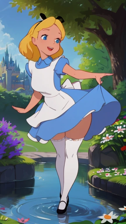 (masterpiece), (Best Quality), (extremely detailed), alicia lidell, Blue dress, White apron, black headband, Long white socks, Linda Pose, in a flower garden, (pond), (((Disney castle in the background))), (blue sky), (sunny day), 3D. illustration, Good highlights, perfect proportions, dynamic, professional, awarded, (very detailed skin), (Very detailed face), photorealistic, HdR, ultra high resolution, absurdities, perfect body shape, Nice smile, Realistic figure, posando very sexy, lying advance, very giant breasts, little bunny, cute little animal, very fat legs, very wide hips, very fat legs, very sexy, culaso, very big buttocks
