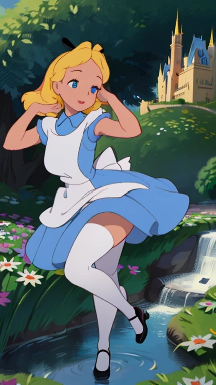 (masterpiece), (Best Quality), (extremely detailed), alicia lidell, Blue dress, White apron, black headband, Long white socks, Linda Pose, in a flower garden, (pond), (((Disney castle in the background))), (blue sky), (sunny day), 3D. illustration, Good highlights, perfect proportions, dynamic, professional, awarded, (very detailed skin), (Very detailed face), photorealistic, HdR, ultra high resolution, absurdities, perfect body shape, Nice smile, Realistic figure, posando very sexy, lying advance, very giant breasts, little bunny, cute little animal, very fat legs, very wide hips, very fat legs, very sexy, culaso, very big buttocks 