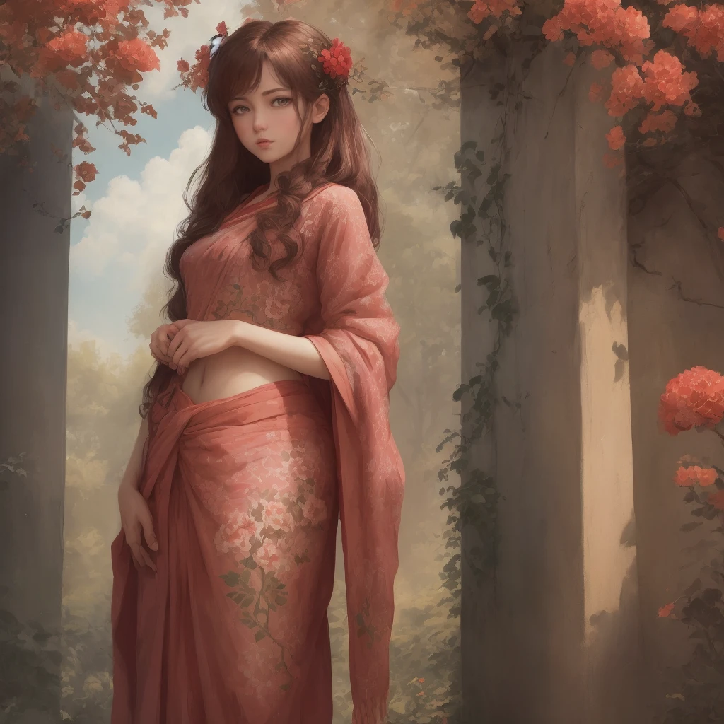 (masterpiece),(best quality:1.0),(ultra highres:1.0),detailed illustration,8k,anime,1girl,beautiful anime girl,in a sari,wearing a pink sari,pretty pose,pretty face,detailed face,beautiful eyes,dark red eyes,detailed eyes,red lips,red lipstick,slightly brown hair,pink flower on ear,highlights in hair,standing,red flowers on a tree in the back,open sky with clouds,detailed,intricate,anime style,highly detailed