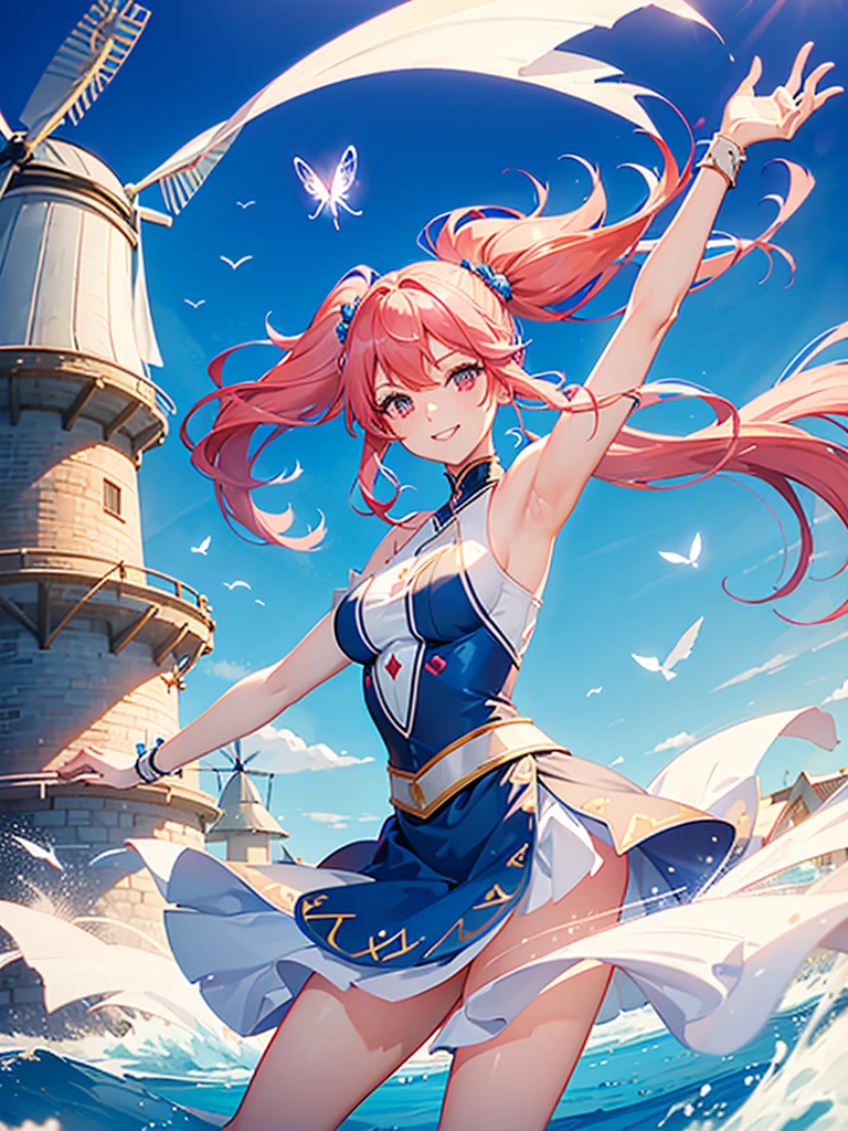blue sky，((giant windmill))，a girl，Elf，Pink hair，long twintails，Red eyes，Sweet smile，white fashion clothing，Bare shoulders，((Wind flow))，((elegant clothes))，((transparent))，Butterfly wings，side，((dynamic poses))，twinkling，((Super detailed))，Rendering，movie lighting effects，best picture