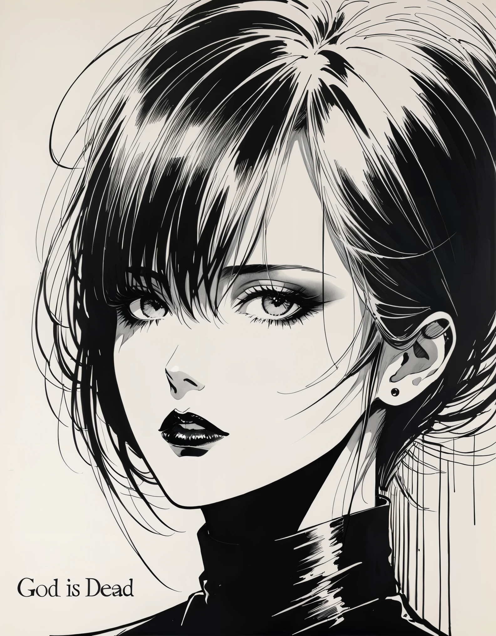 in style of Hans Hartung,in style of Henrietta Harris
1girl
{with the text:"GoD IS DEAD":1.6},captivating gaze,