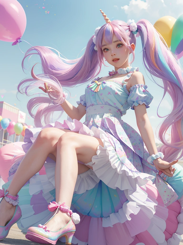 cute 
(whole body, legs and shoes visible: 1.2)) Expressive eyes, One girl, Pale skin, Long Hair, Windblown Hair, ((absurdly Long Hair)), Long Side Lock, Princess bangs, Hair bangs, Hair Bun, ((Very long twin tails)), Rainbow Hair, Light pink hair, blush, full face blush, big sparkling Pastel Purple eyes, (Gradient Eye), Laughing with your mouth open, cute pose, ((Holding a balloon : 1.3)) ((cute and pastel fashion)) ((🦄🎠🎈🎉 theme : 1.4)) A loose pastel dress, ((Dreamy multi-colored open dress)), (Floating ribbon), Lavender Frill, Pink frills, (Light blue lace), Removable short sleeves, Fluffy skirt, ((Rainbow and star printed skirt : 1.3)), Lolita Skirt, Purple ribbon, ((pom pom ribbon hair ornament : 1.4)), Multiple Bows, Striped lace stockings, (heart型のレッグガーター), cute (Pastel Purple) shoes ((Ultra-detailed clothing and fashion)) I&#39;m watching you, Vintage Girl, blush, (Beautiful attention to detail), (Highly detailed CG Unity 8k wallpaper) (Best Shadow), ((Very delicate and beautiful)), (Detailed light), ((Depth of written boundary)) Big Head, Big, bright eyes, Moe, Splash Art, Cinema Lighting, Front view, volumetric lighting maximalist photo illustration k resolution high resolution intricate detailed complex key visuals precise linear ((Dreamy pastel sky background, Surrounded by sunset clouds, shooting star, Castle above the clouds)) ((Ultra-detailed landscapes, Foggy clouds, Hung by balloons, heart : 1.3))