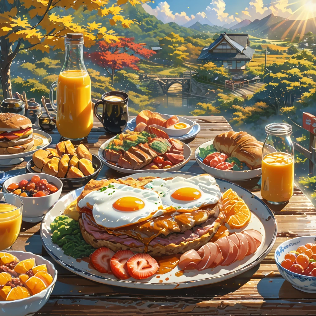 eating breakfast, good scenery, beautiful sunshine, best food, anime style, masterpiece, UHD, accurate, high quality, high details, super detail, award winning, best quality, 16k