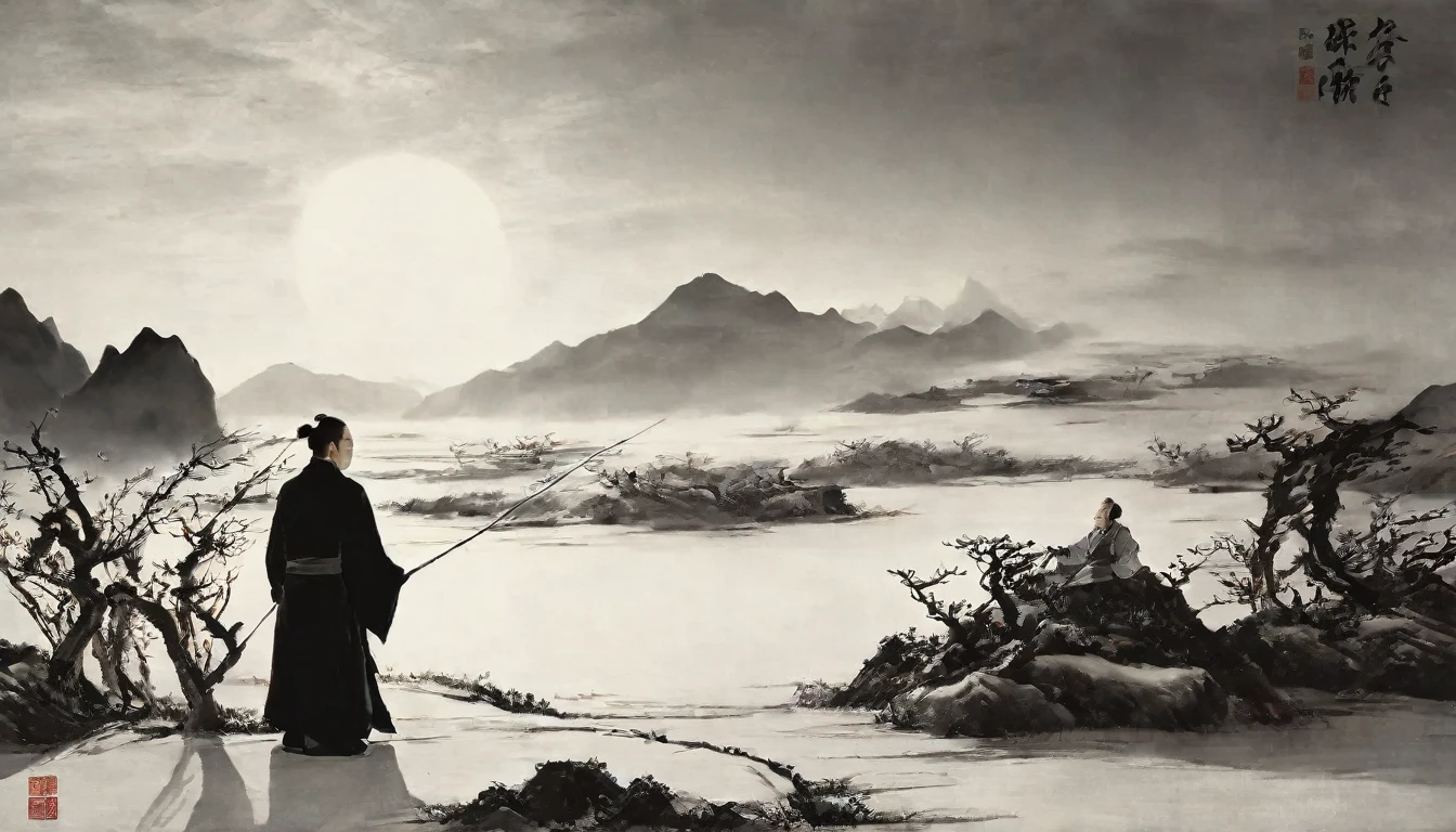 Traditional Chinese style，Black and white Chinese ink painting，water ink，ink，Soil，Winters，snow，heavy snow，In the distance, The mountains on all sides are covered with thick snow，On a vast, irregular circular lake, on board, An old man in a robe sits and fishes，Ultra wide-angle lens，Super Vision，Empty River，Ethereal breath，Beautiful artistic conception，Chinese Classical Poetry