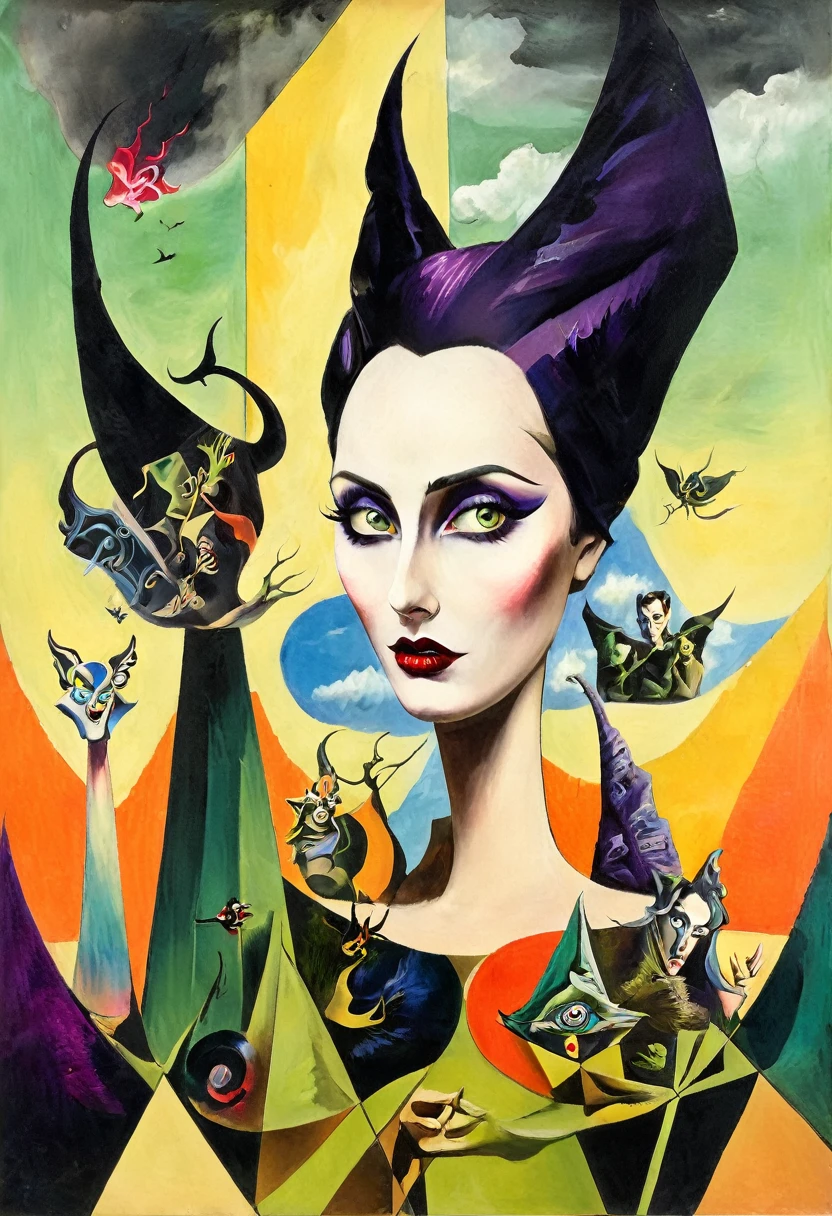 Maleficent themed, Surreal and strange dislocation art：Collage, There are many different things on the faces, scary dark colors, Geometric Dislocation, Hollow, Artistic sense, Painting, paint, Simple, smoke effect, Collage, Conceptual art, Dadaism