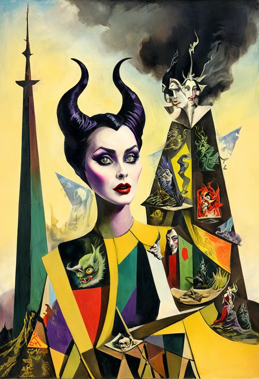 Maleficent themed, Surreal and strange dislocation art：Collage, There are many different things on the faces, scary dark colors, Geometric Dislocation, Hollow, Artistic sense, Painting, paint, Simple, smoke effect, Collage, Conceptual art, Dadaism