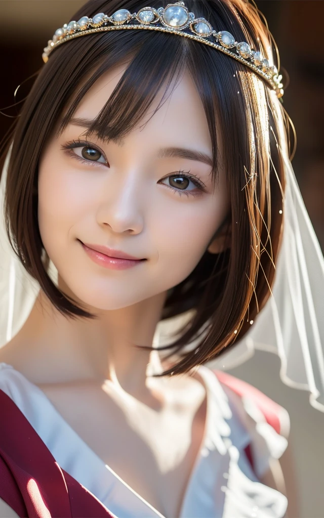 (Highest quality:1.5), (Realistic:1.5), (1 person:1.5), (medium wide shot:1.5), Very detailed, High resolution, 8k wallpaper, , Small breasts, Natural color lips, Cute Smile, Japanese women, 20-year-old girl, Beautiful and elegant face, Perfect and beautiful face, Big eyes, Brunette's eyes, Beautiful and elegant face, Perfect and beautiful double eyelids, Natural Bangs, Beautiful thin nose, Beautiful Skin, Chestnut Hair, Medium Bob Hair, Shortcuts, Natural Bangs, Perfect and beautiful face, Slim face and figure, (Looking into the camera), Bright lighting, Professional Lighting, Forward lighting, Natural smile, church, White Wedding Dress, tiara、Beautiful cleavage、