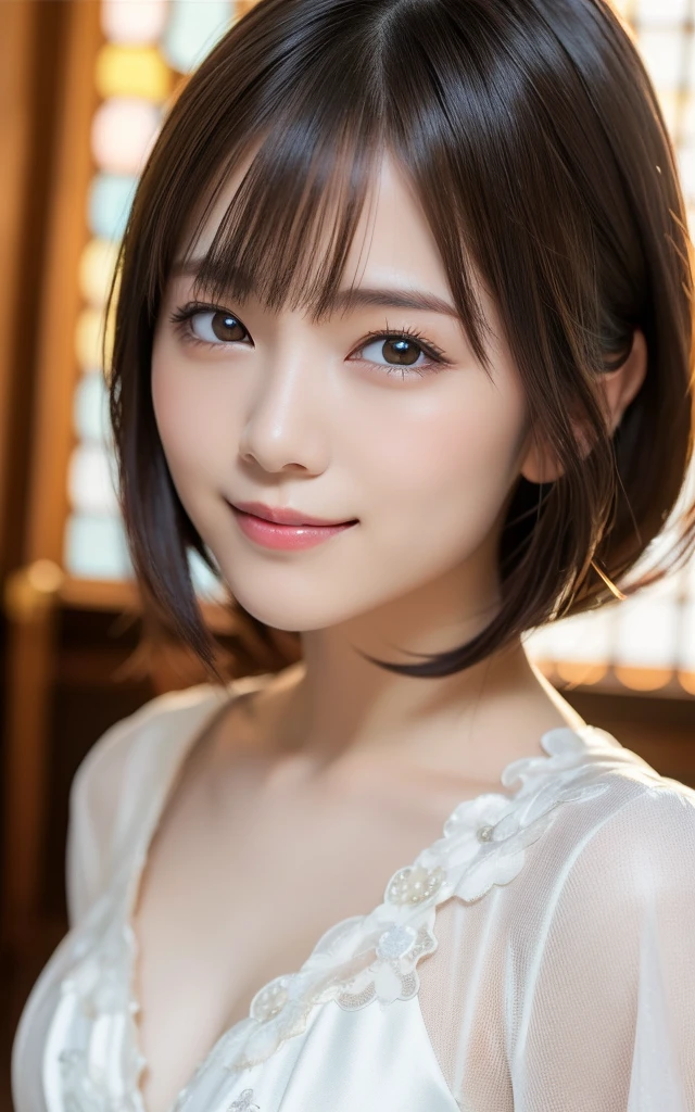 Highly detailed CG Unity 8k wallpaper, top quality, super detailed, masterpiece, realistic, photorealistic, highly detailed cute girl, (25 years old), blush, round eyes, (bob cut), semi-body shot, white wedding dress, kneeling, hotel