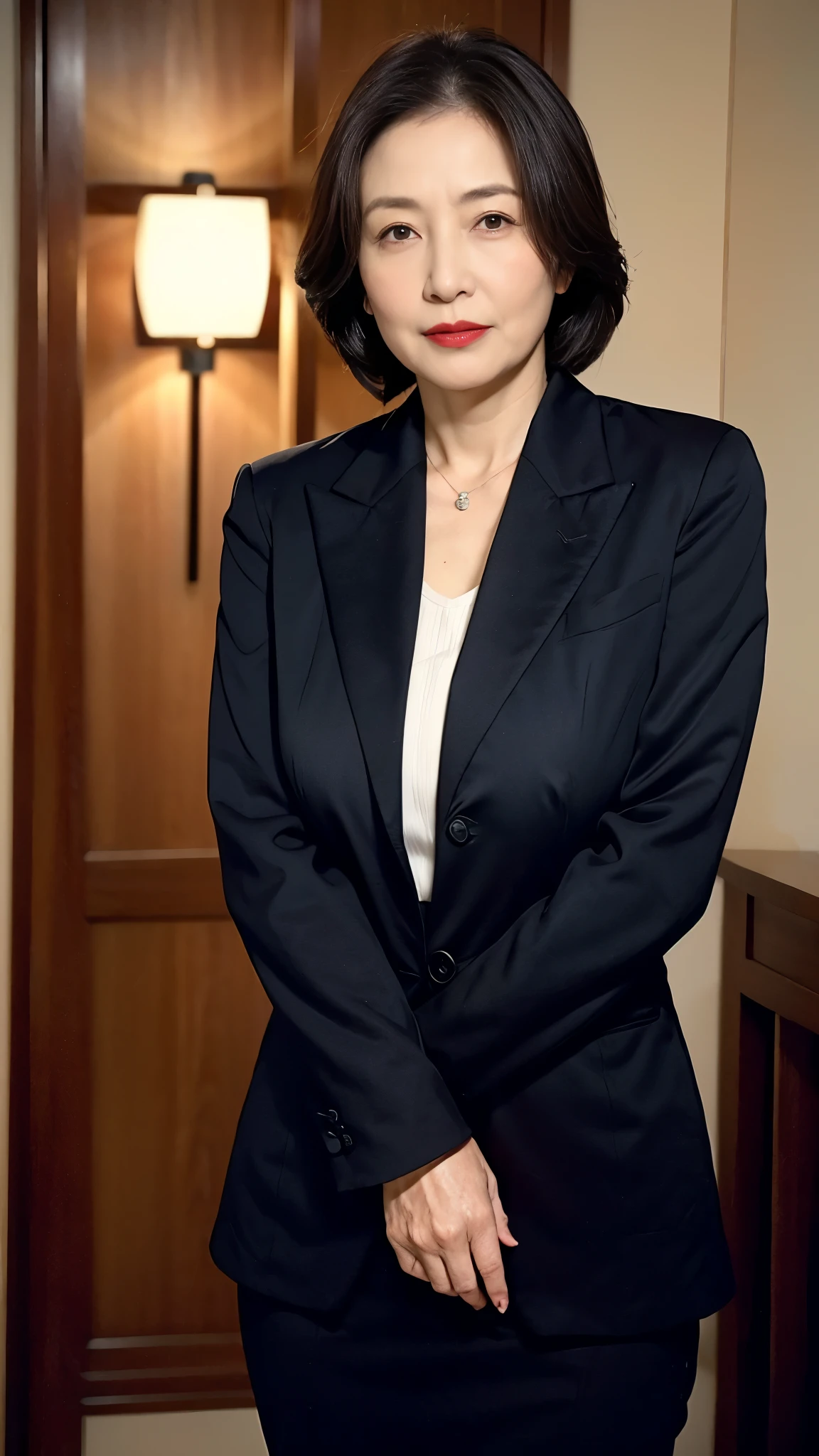 Masterpiece, ((Great focus)), gravure, 32K, Beautiful finish, Japanese, Beautiful mature woman、60-year-old woman、Photo of your ID、Big Breasts, Red lips, Thin lips, business suit、Round 1, Light from the front,