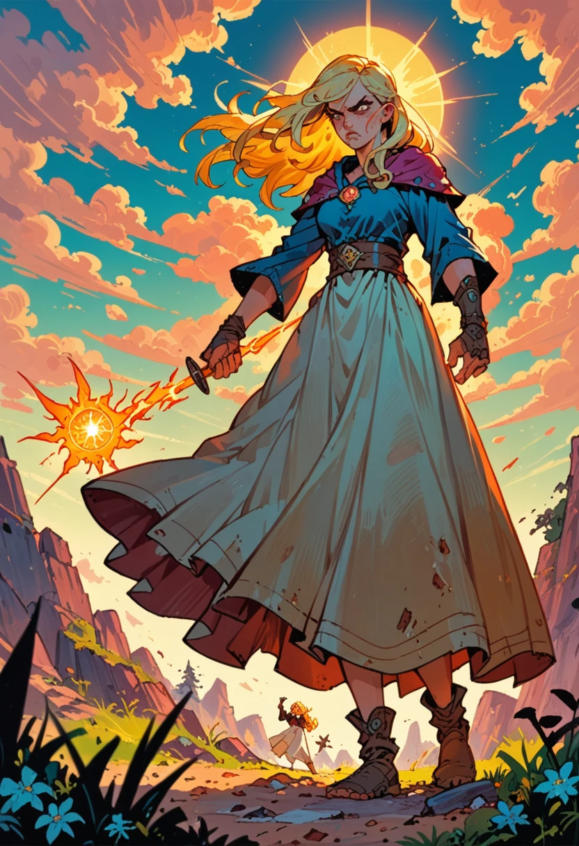 blonde girl , normal clothes , demigod , daughter of the sun , powerful , whole body , big tits , spell , angry , witch